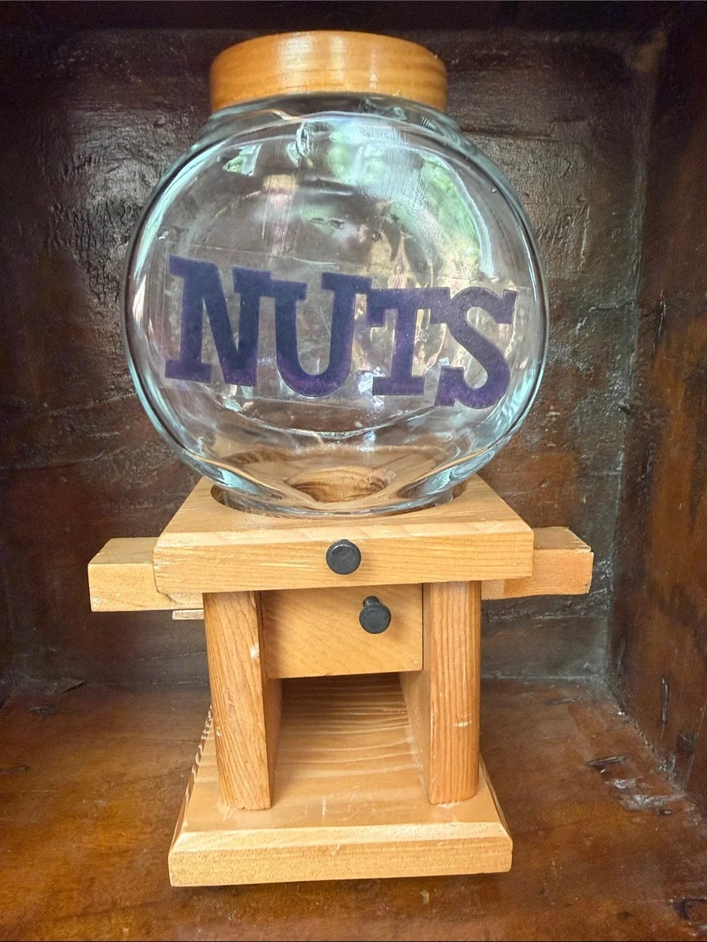 Vintage Wooden Nut Dispenser with Glass Globe - for peanuts or Pistachios